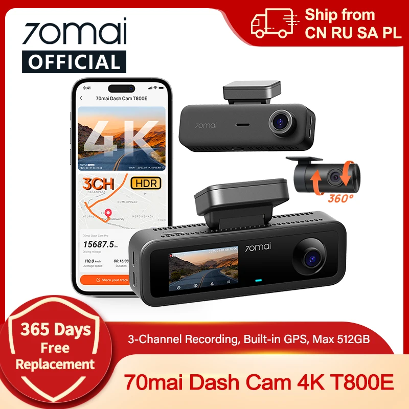 70mai 4K T800E 3チャンネル ドライブレコーダー 前後室内 3in1 音声制御 24時間駐車監視 スーパーキャパシタ GPS 4K 車載カメラ 70mai T800E