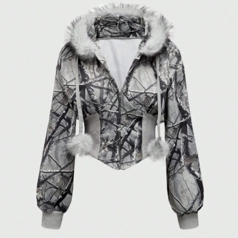 

New Arrivals Sweet Personalized American Vibe Style Hooded Sweatshirt Jacket with Fur Trim Cross Design Sparkle Accents and Y2K