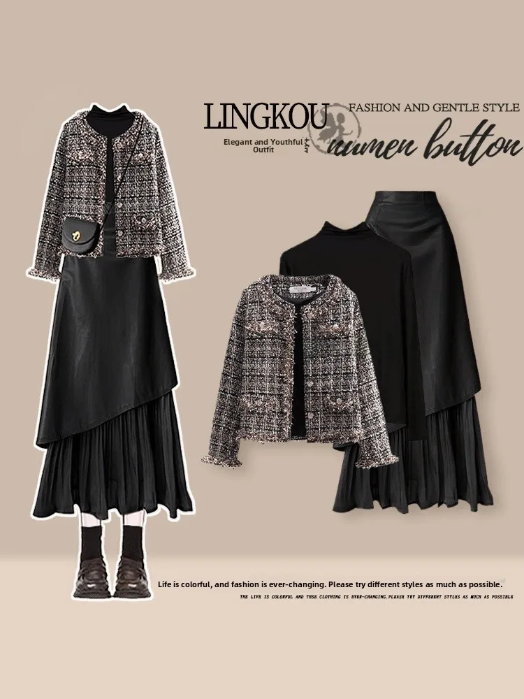 

Fall Fashion Set Women's Light Maturity Style Outerwear Base Top Slimming Skirt Three-piece Set round Neck Open Cardigan Loos...