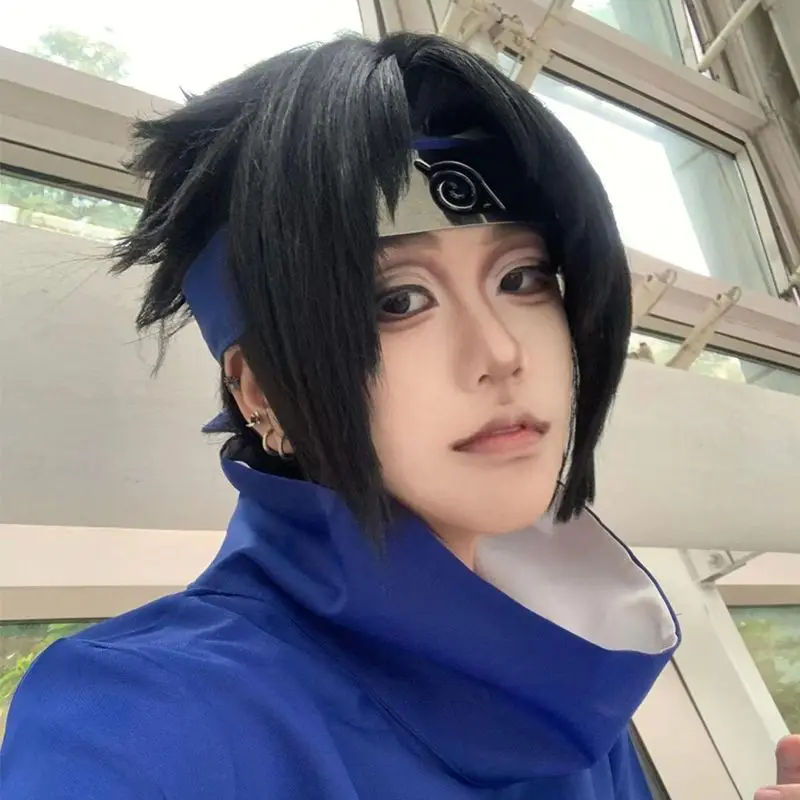 Peluca de cosplay de Sasuke Uchiha, pelo corto y liso con flequillo largo Samurai Updo peluca de cabeza completa