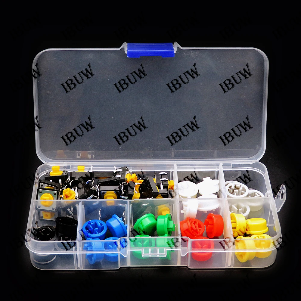 280PCS Tactile Push Button Switch Momentary 12*12*7.3MM Micro switch button + (6 colors Tact Cap)  White Black Yellow Red Blue
