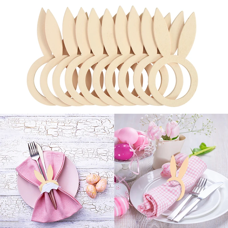 10pcs Easter Rabbit Ears Wooden Napkin Rings DIY Bunny Ear Crafts Stand Racks Happy Easter Party Table Accessories Napkin Holder