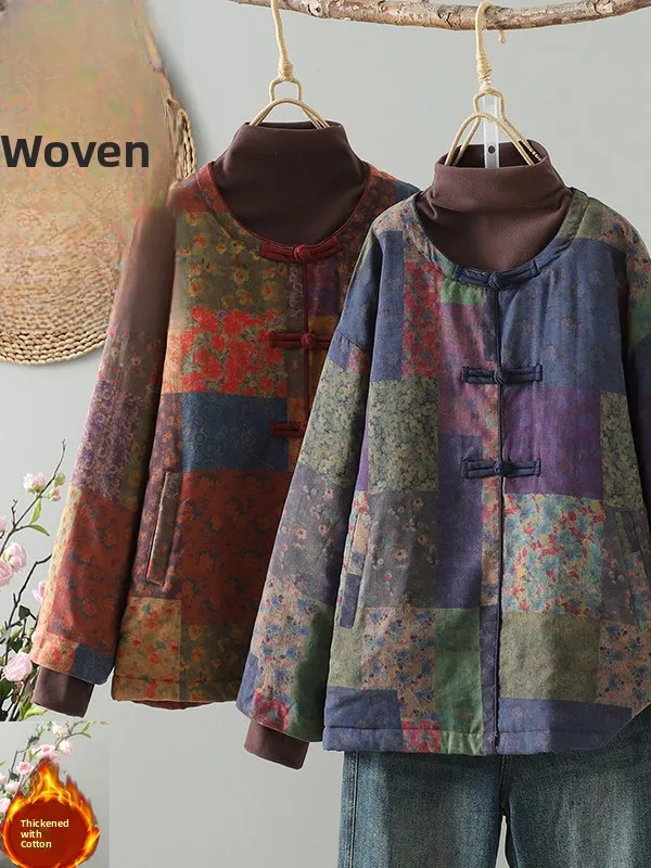 

Thiened Cotton Jaet Women's Large Size Artistic Sle Printed f High Collar Coat with Button Detailing Casual Wear