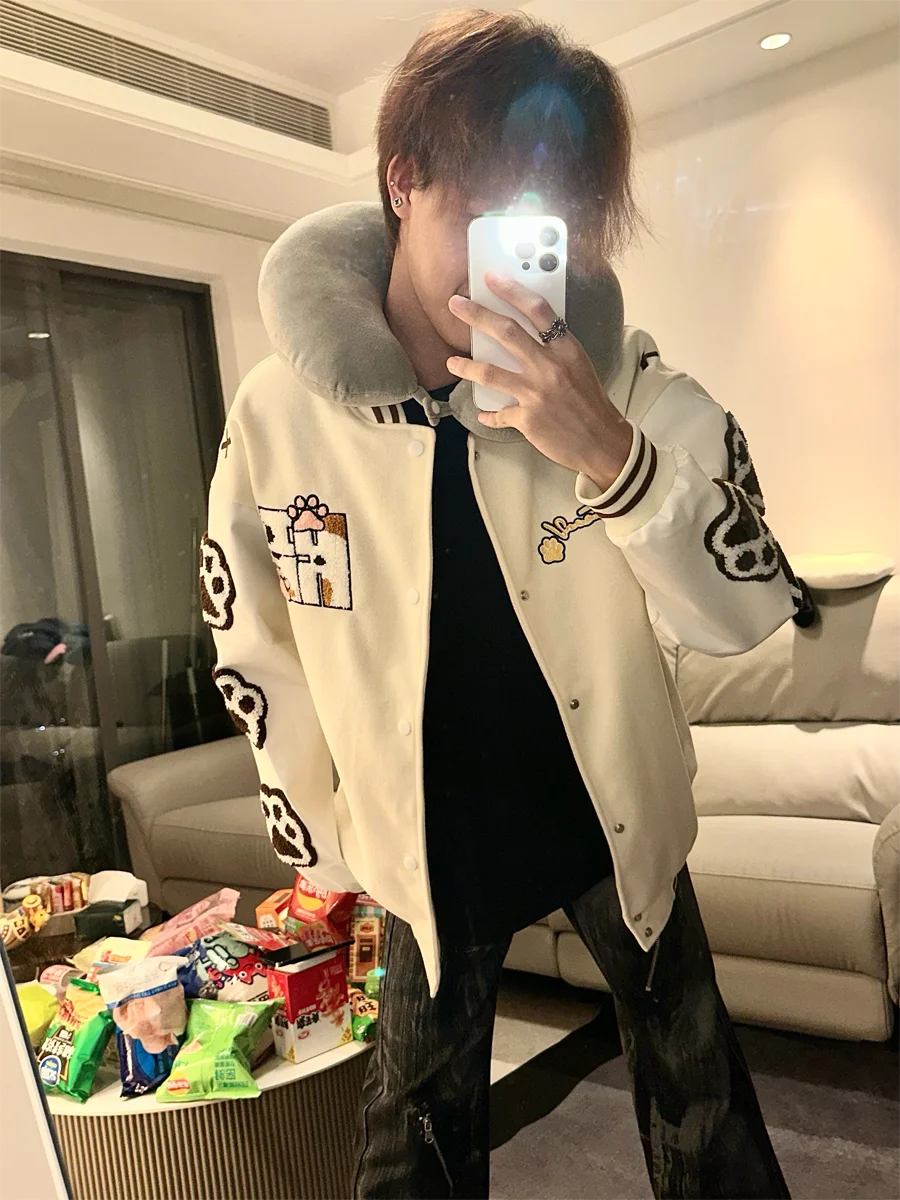 

Warm Cotton Inserted Baseball Jaet for Men Youth Faion Splicing Embroidery Design Autumn Spring Outerwear Trendy Coat