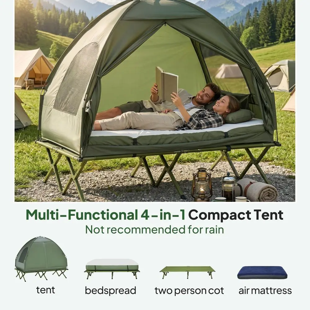 2 Person Tent, 4in1 Elevated Tent Camping Bed Combo with Air Mattress,Bed Cover, Foot Pump, Folding Off Ground Camp Tents,Custom