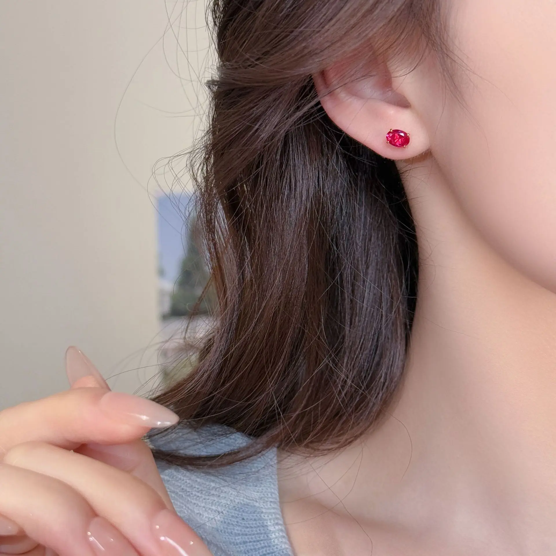 Genuine 925 Sterling Silver Oval Zircon Stud Earrings, Dainty Colorful Gemstone Earrings, Elegant Minimalist Jewelry for Daily view 4
