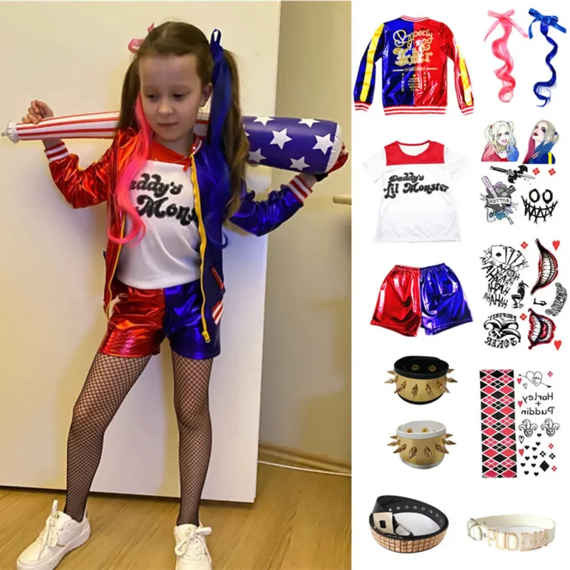 2025 Nieuwe Kinderen Meisjes Harley Kostuums Cosplay Quinn Monster Jas Broek T-Shirt Sets Party Kleding QAQ2