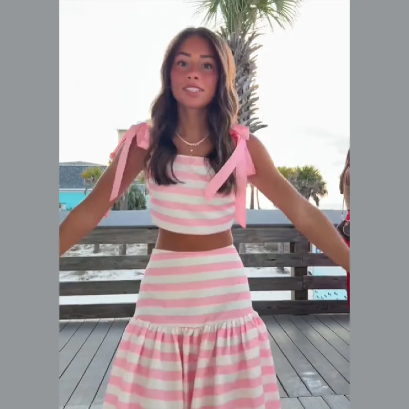 

2026 New Pink White Stripe Wpmen's Matching Sets One Shoulder Bow Tie Strap Crop Top Ruffle Hem Maxi Skirt Beach Vacation Outfit