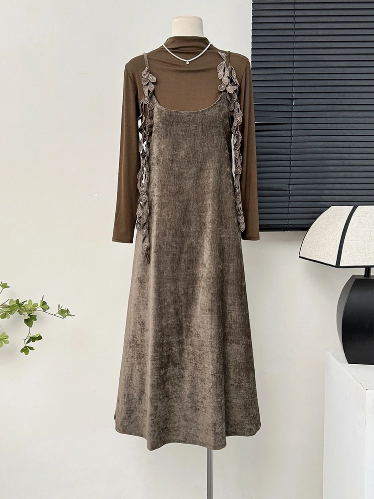 フランス風エレガントベルベットミディ丈スリップドレス レディース 秋 ハイネック長袖Tシャツ風 エレガントヴィンテージ風 ツーピース スリムフィット