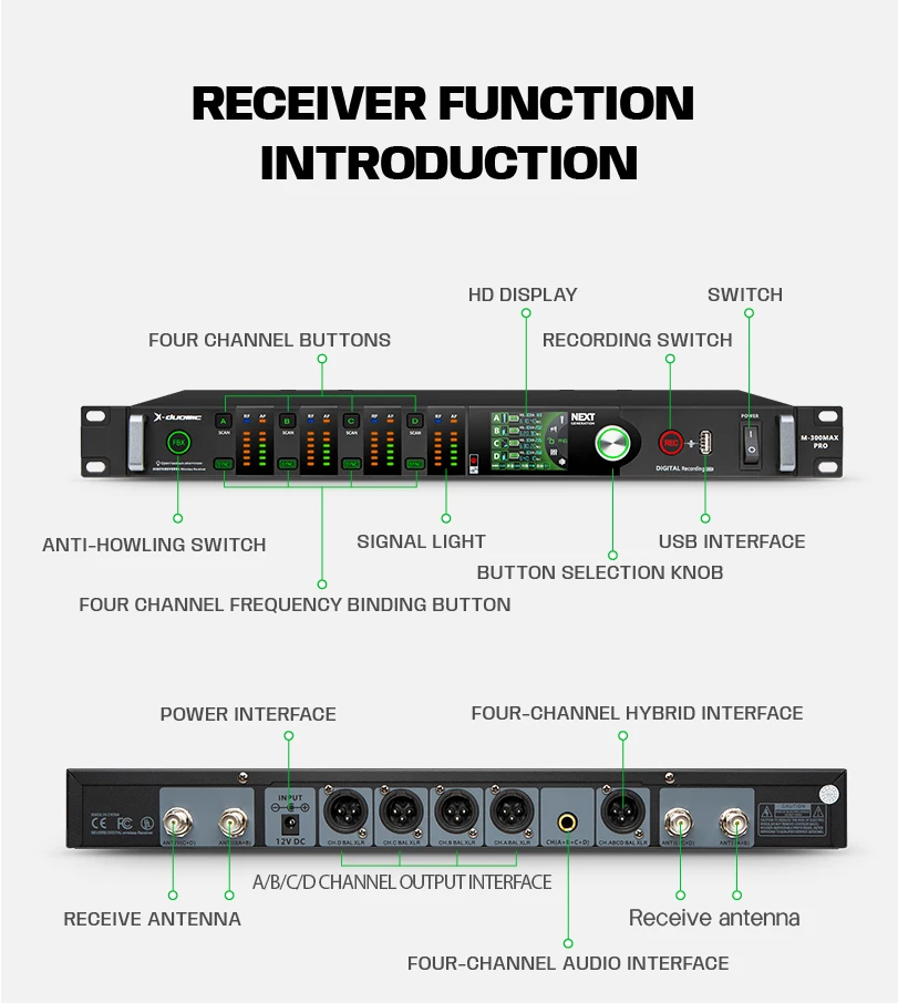 X-True Diversity 무선 마이크 시스템 1-4 밸런스드 리버브 하울링 방지 전문 무대 성능 마이크