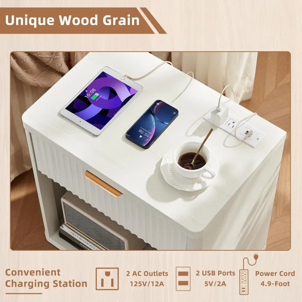 منضدة Leyaoyao المخددة مع محطة شحن، طاولة نهاية ذات درج واحد بعرض 23 بوصة، حامل ليلي أبيض مع خزانة تخزين مفتوحة، مزرعة