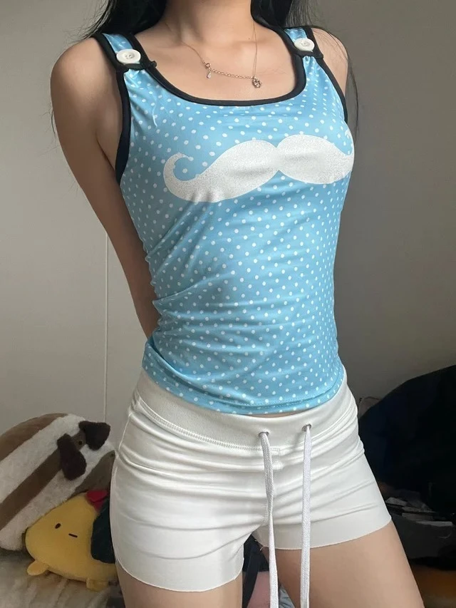 Japanese Y2K Cami Top Polka Dot Moustache Print Women Casual Tees Slim Fit Vintage Sweet Kawaii Summer Tank Top Streetwear