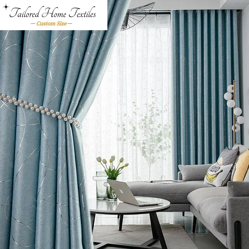 Custom Size Fashion Luxury European Curtains for Living Room Coffee Blue Grey Modern Curve Blackout Window Decor White Tulle