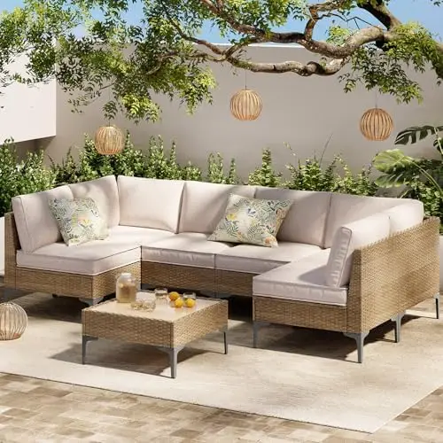 

7-Piece Patio Furniture Set, Outdoor Wicker Sectional Sofa with Coffee Table, Anti-Slip & Thick All-Weather Cushions