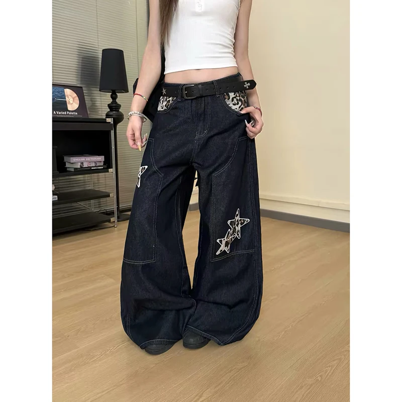 ZHIZOU Women's Black Cargo Denim Jeans Baggy Y2K American High Street Harajuku Wide Leg Vintage Leopard Denim Pants Long Clothes