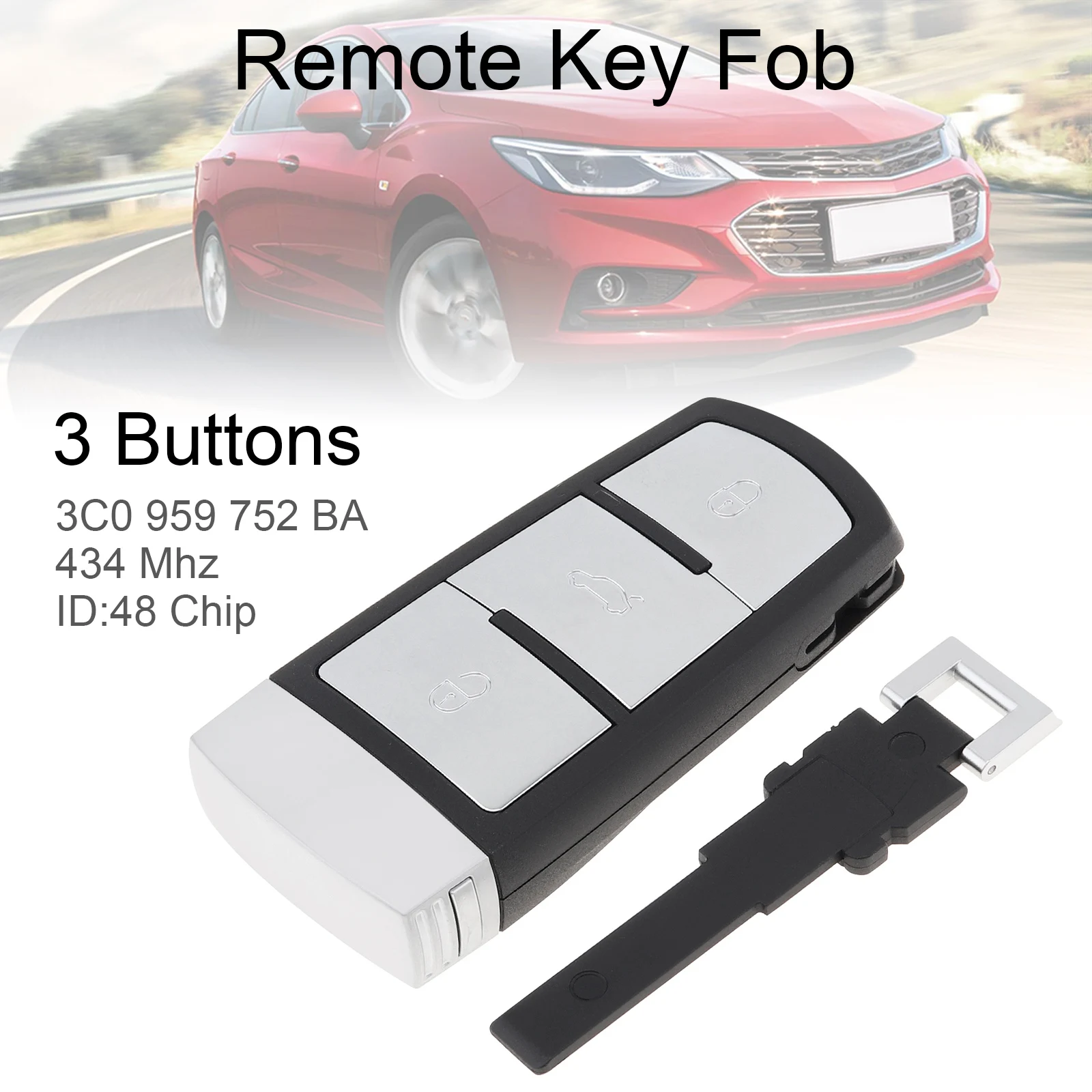 Mando a distancia inteligente sin llave para Volkswagen Passat B6, 3C, B7, Golf, 434MHz, 3 botones, sin cortar, con Chip ID48, 3C0959752BA