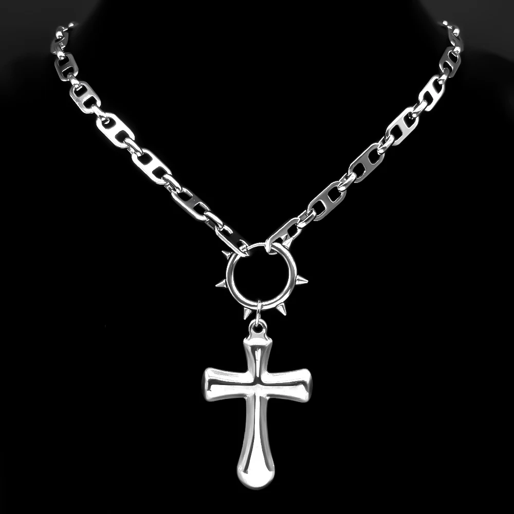 Hiphop Einfache Kreuz Niet Kette Für Frauen Männer Edelstahl Silber Farbe Christentum Männlich Punk Anhänger Halskette Schmuck