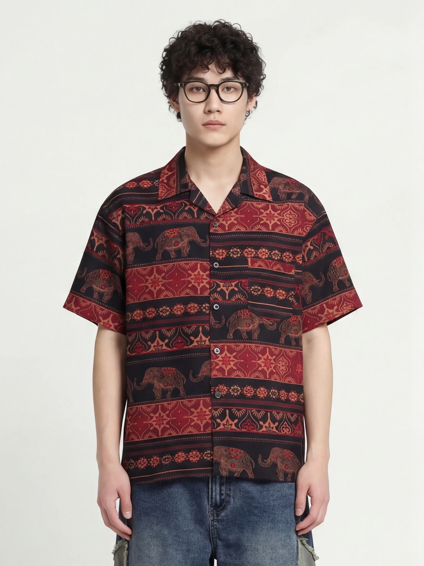 

Casual Loose ort Sve irt for Men And Women in Festive Red Vintage Sle Floral Print Breathable Polyester Fiber Spring...