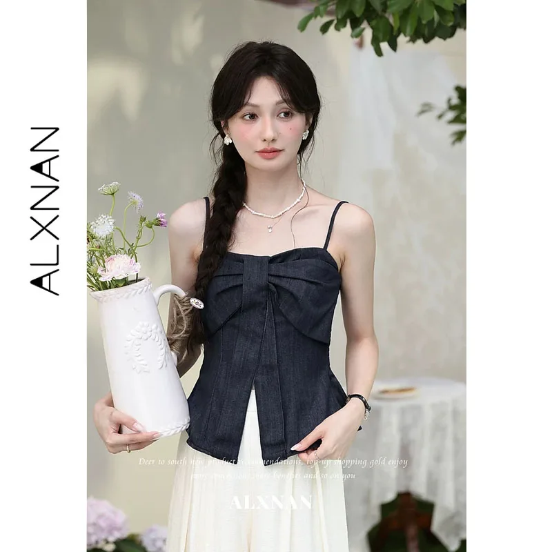 ALXNAN Navy Denim Camisole Women Summer 2026 New Bow Decor Front Split Design Cami Slim-fit Elegant Sweet Female Tops L658111