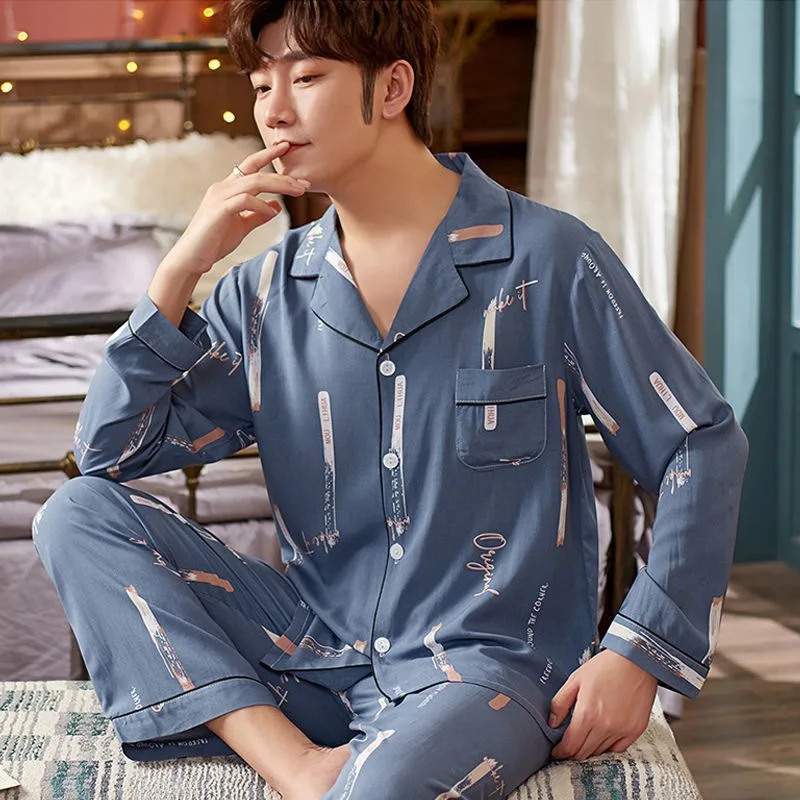 Men\'s Spring and Fall Long-Sleeved Long Pants Pajamas Cardigan Big Size Korean Nightwear Loungewear Leisure Sleepwear Homewear