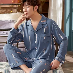 Men's Spring and Fall Long-Sleeved Long Pants Pajamas Cardigan Big Size Korean Nightwear Loungewear Leisure Sleepwear Homewear