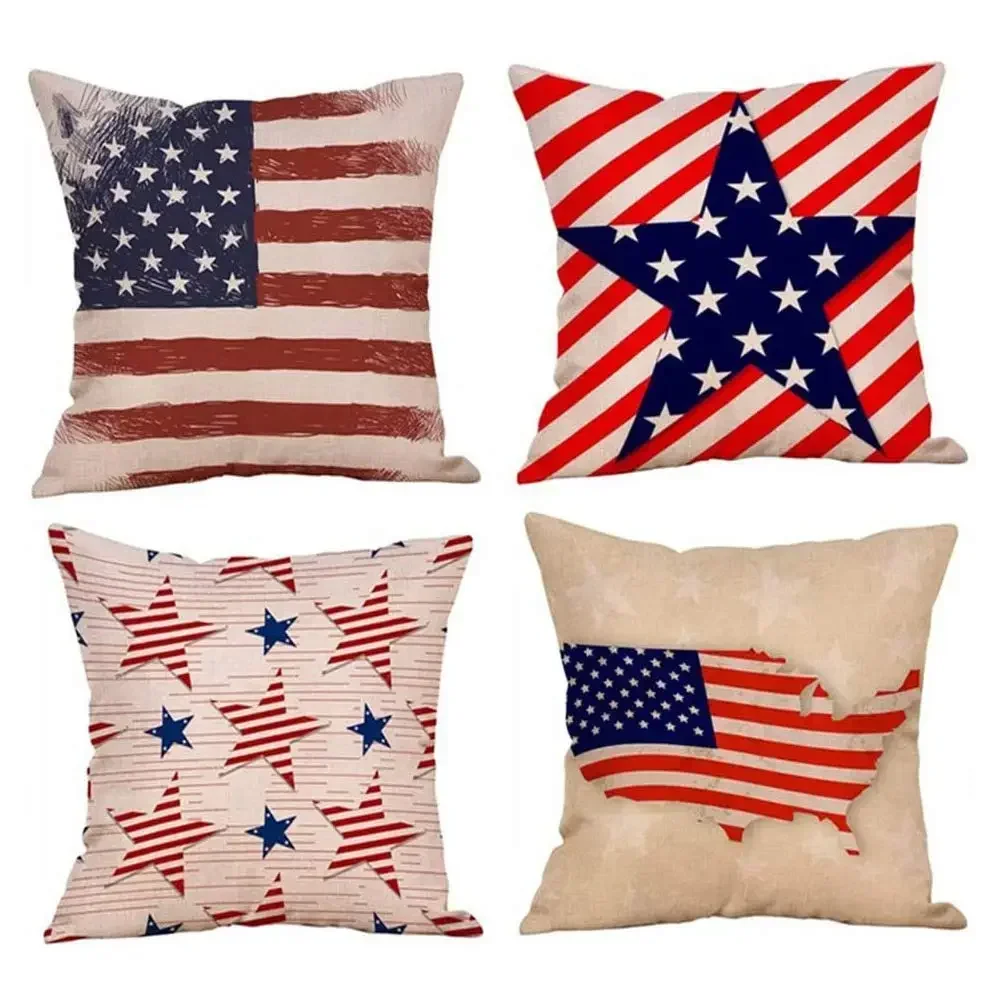 Five-pointed star red and white stripes printed linen pillowcase sofa cushion cover home decoration can be customized for you