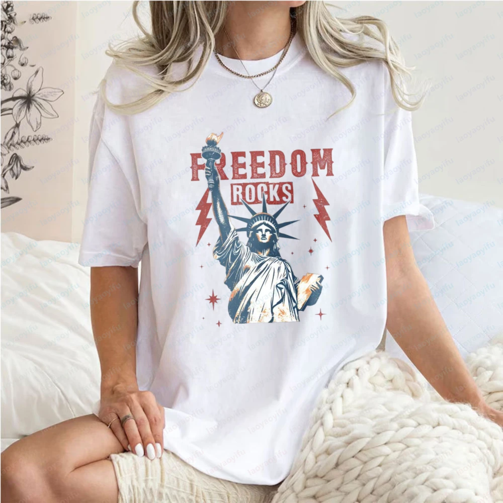 

Rock Patriotic T-Shirt Independence Day 4th of July Liberty Tops American Heritage Cotton Tee Funny Vintage Streetwear for Women