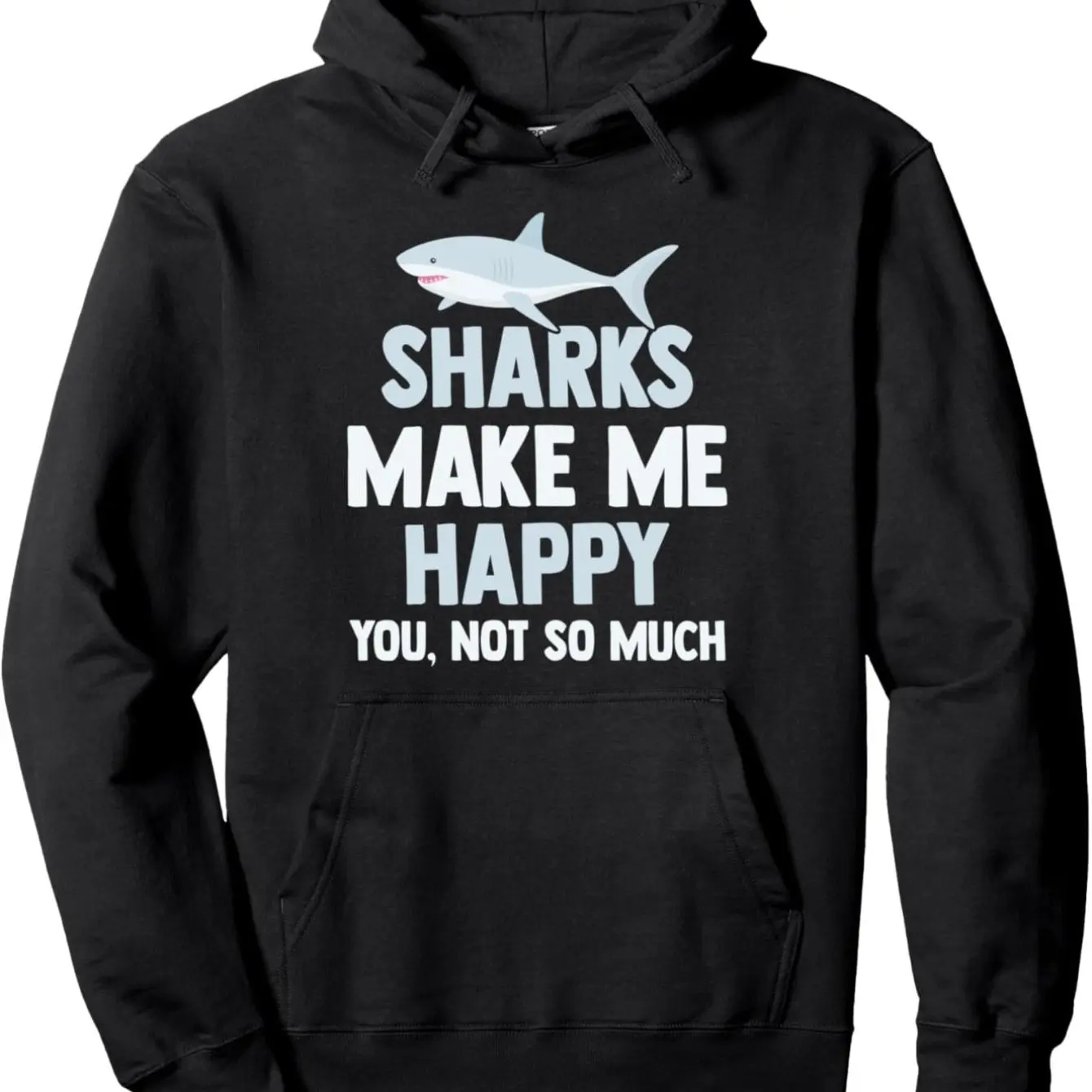 

​​sharks hoodie black blue marine print 2025 streetwear oversized pullover happy shark design with sassy text kangaroo pocket​