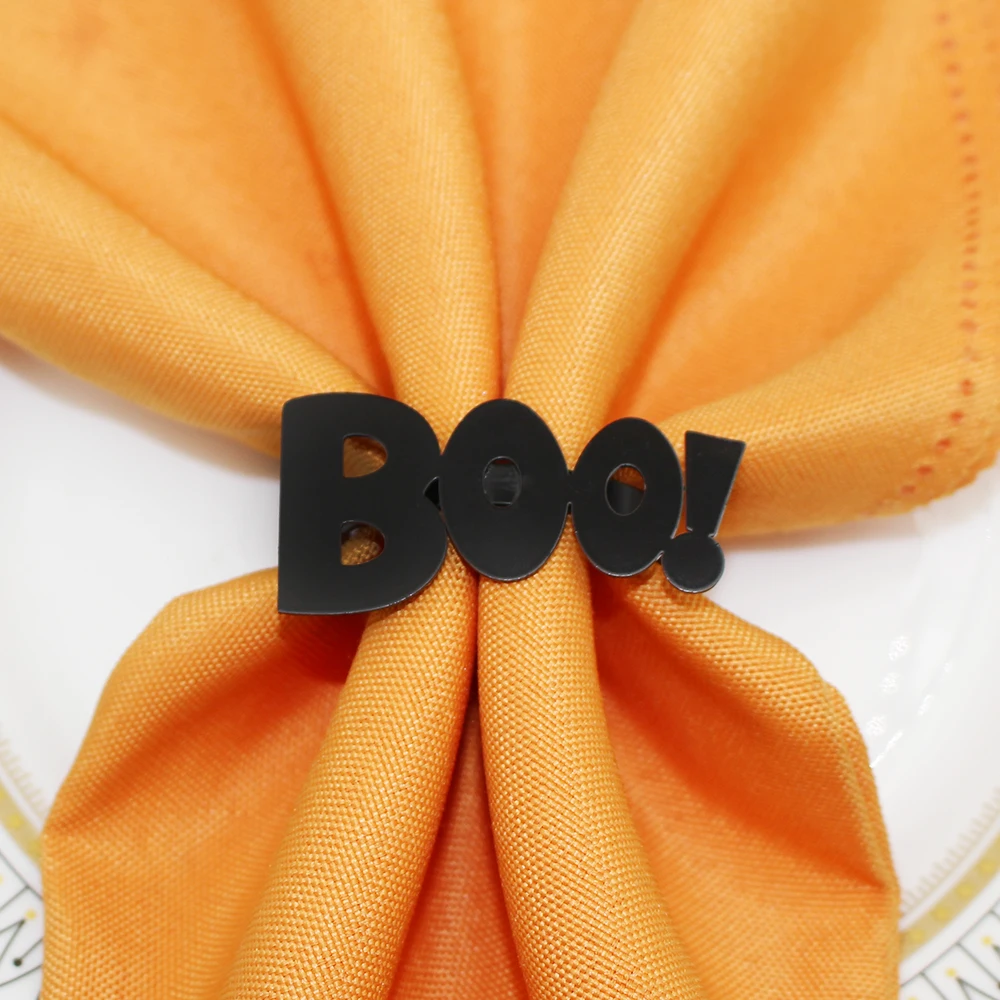 6Pcs Black Alphabet Napkin Rings Halloween Napkin Holder Boo Serviette Buckles for Halloween Party Dinner Festival Table Decor