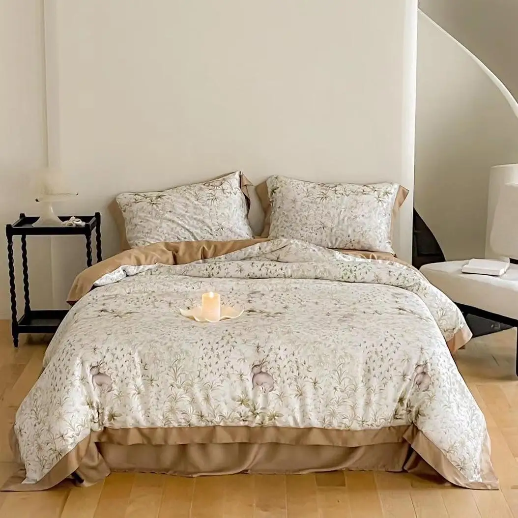 

Весна и лето 100-х годов, лиоцелл, растительная печать, цифровая печать, светлый роскошный домашний текстиль, комплект постельного белья из четырех предметов с белым цветочным принтом