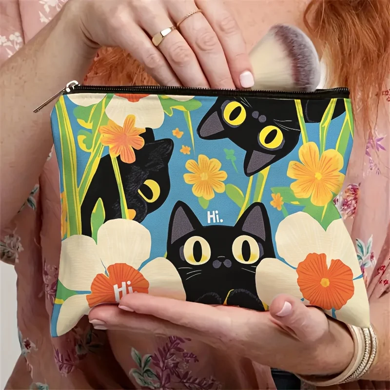 A Cute black cat floral print makeup bag - multifunctional large capacity portable makeup bag,