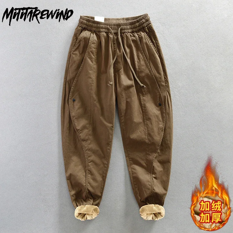 

Winter Pants Men Japanese High Street Khaki Cargo Pants Drawstring Elastic Waist Fleece-lined Pants Men Youth Fashion Trousers