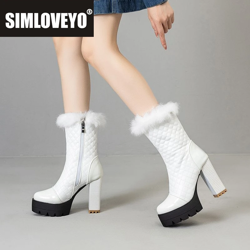 

SIMLOVEYO Роскошные женские рыцарские сапоги на блочном каблуке 11 см на высокой платформе с кроличьим мехом, теплая зимняя обувь до середины икры, большие размеры 47 48 US17