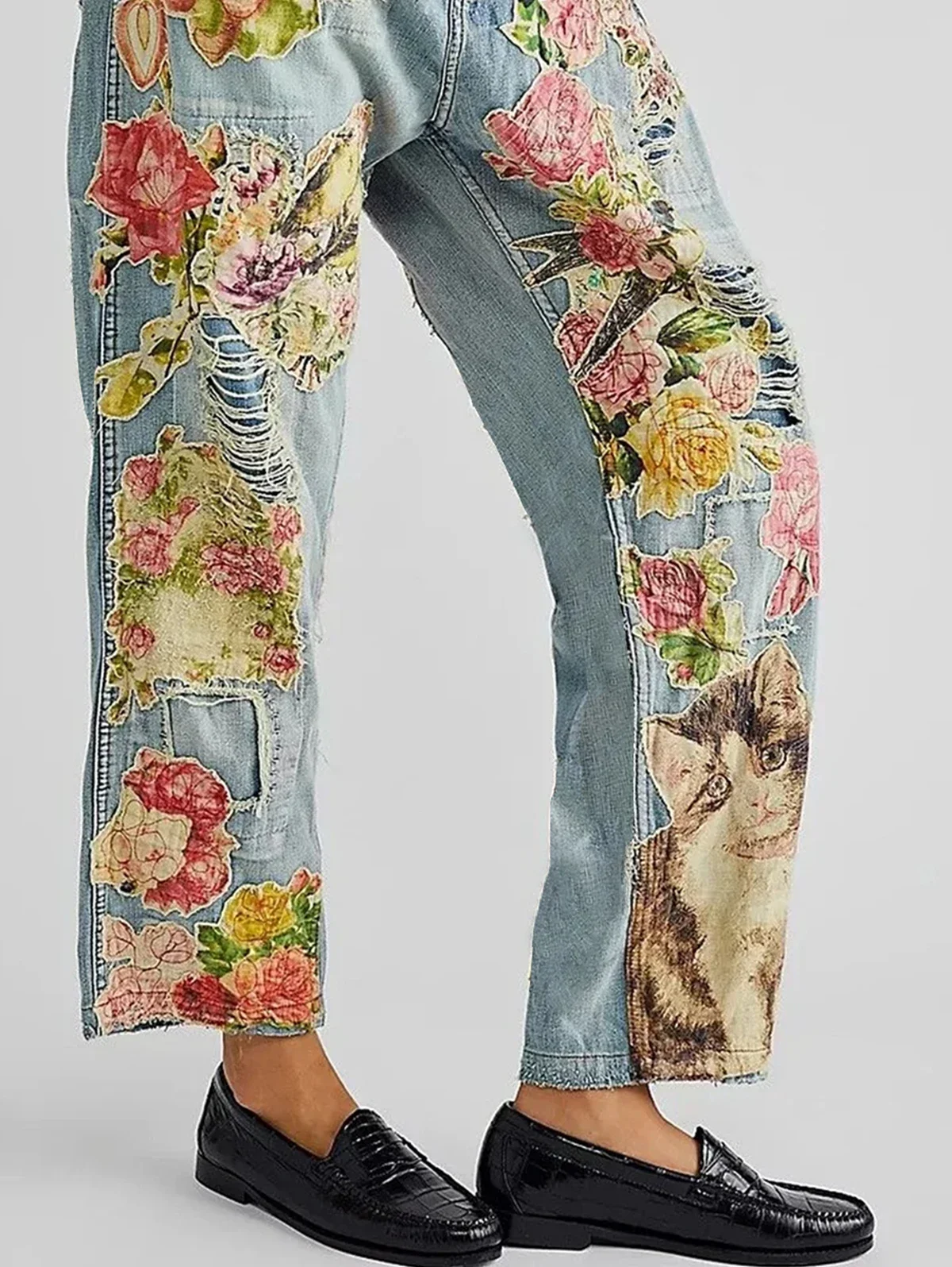 Floral Print High Waist Straight Jeans Women Vintage Streetwear Denim Pants Fashion Women\'s Wide Leg Baggy Y2K Denim Trouser