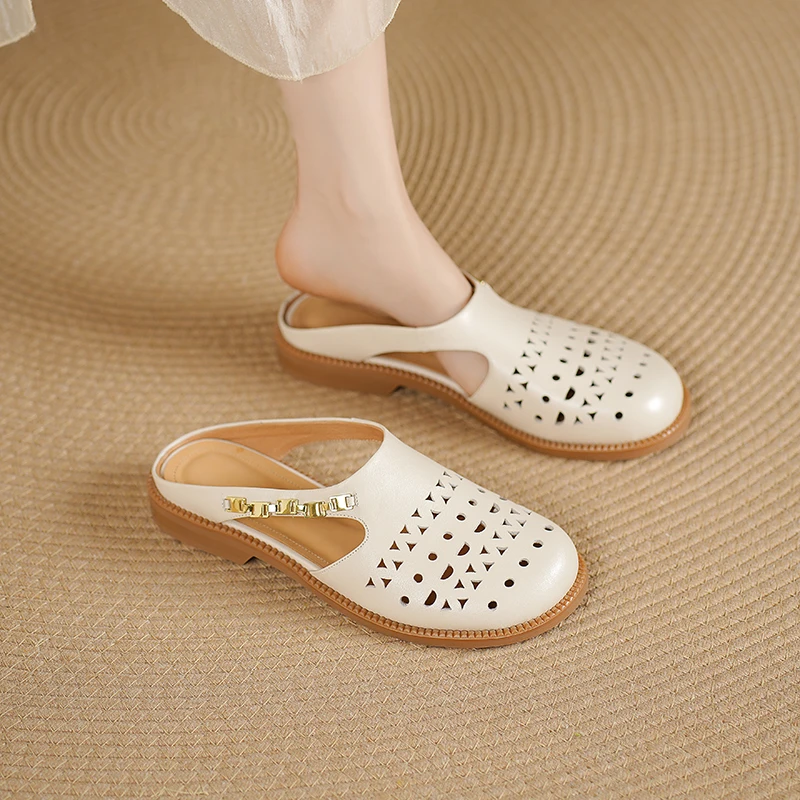 

Handmade Genuine Leather Women's Sandals ,Summer Fashion Mueller Slippers Breathable Mesh Women Shoes