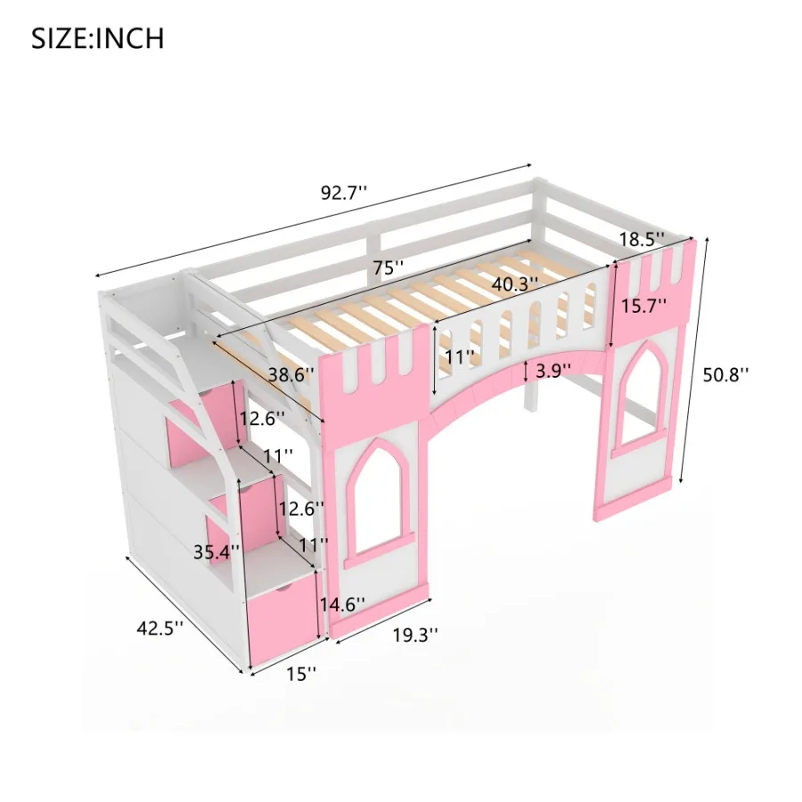 سرير علوي مزدوج الحجم مع درج تخزين ونافذة باللون الوردي