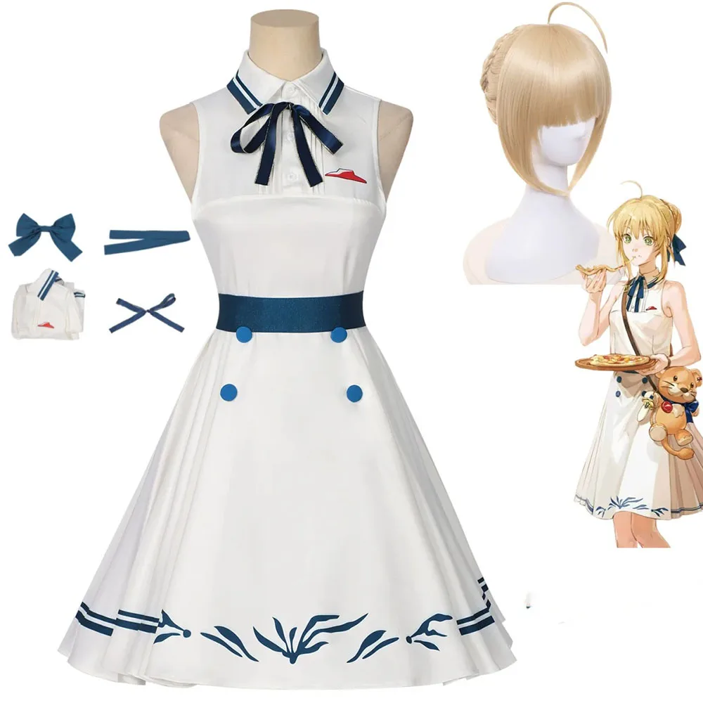 

Game Fate/Grand Order Saber Altria Pendragon Cosplay Costume White Sleeveless Dress Wig Woman Carnival Halloween Party Dress Up