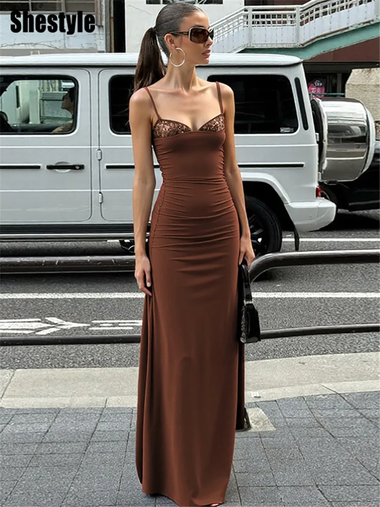 Shestyle marrom cinta de espaguete elegante vestidos longos renda sólida retalhos decote em v elástico fino outwear suspender robes