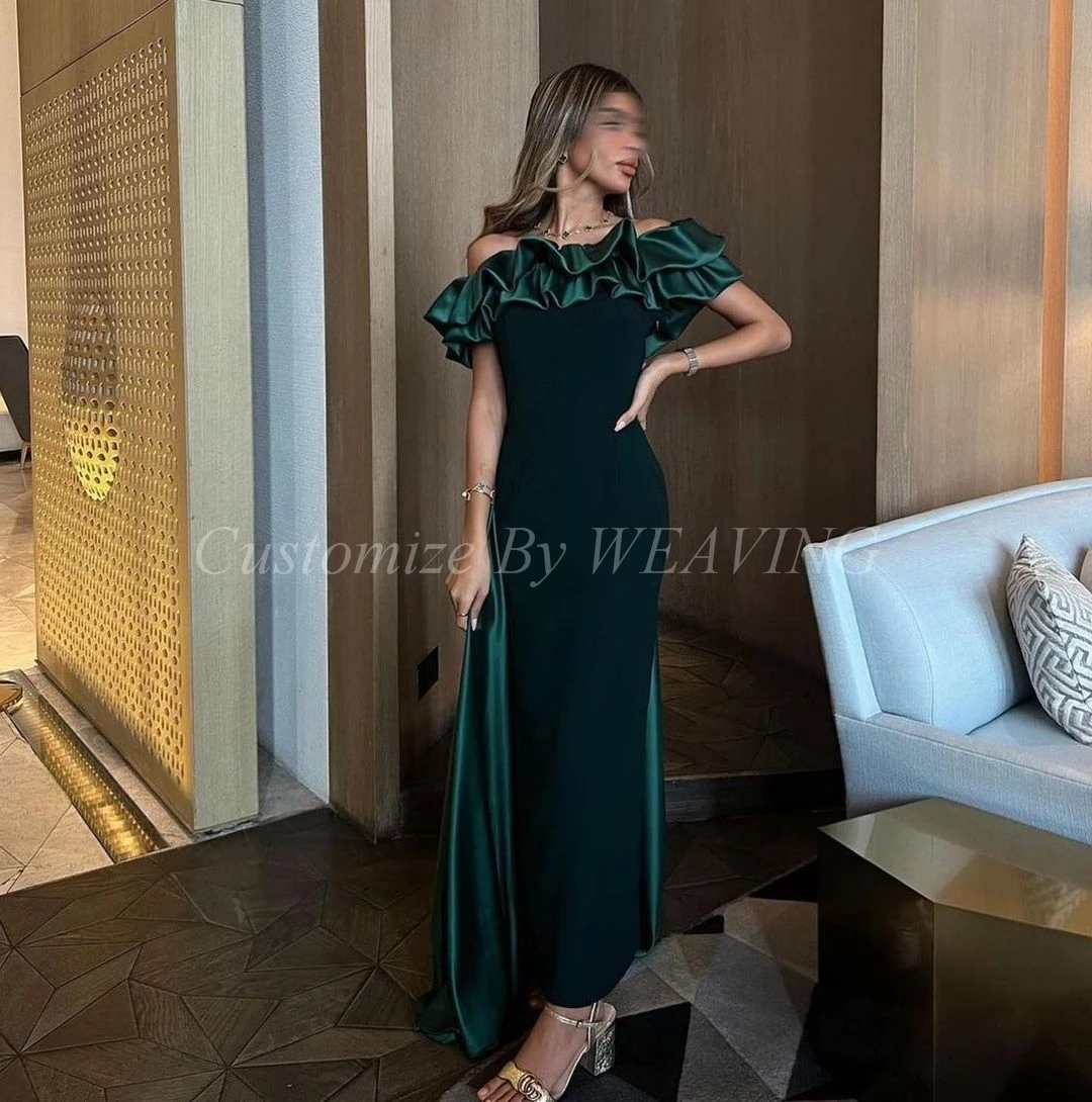 

Mermaid Dark Green Satin Prom Dresses Off The Shoulder Floor Length Saudi Arabic Women Evening Party Dress