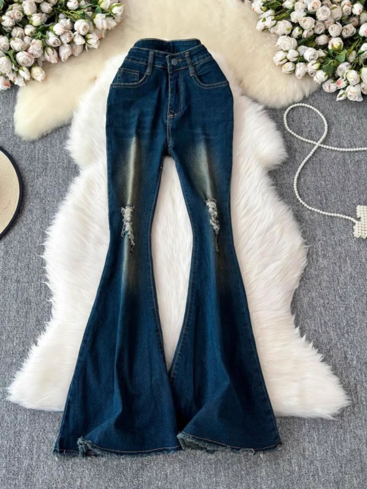 

Y2k Harajuku Vintage Jeans High Waist Raw Edge Hole Patchwork Flared Trousers Female Slim All Match Design Women Clothing 2025