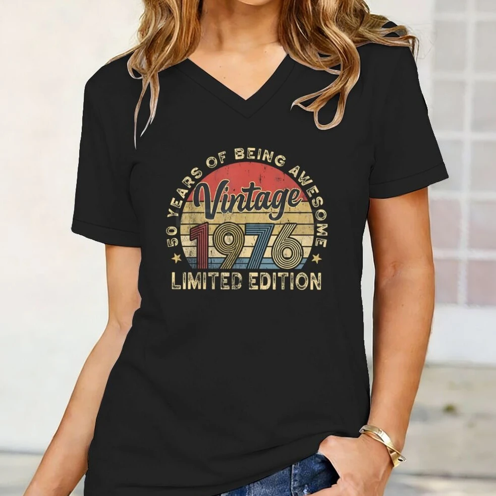 Vintage 1976 50th Birthday Print V Neck T-Shirt Women Retro Casual Tee for Birthday Gift & Daily Wear 1976 Limited Edition Tees