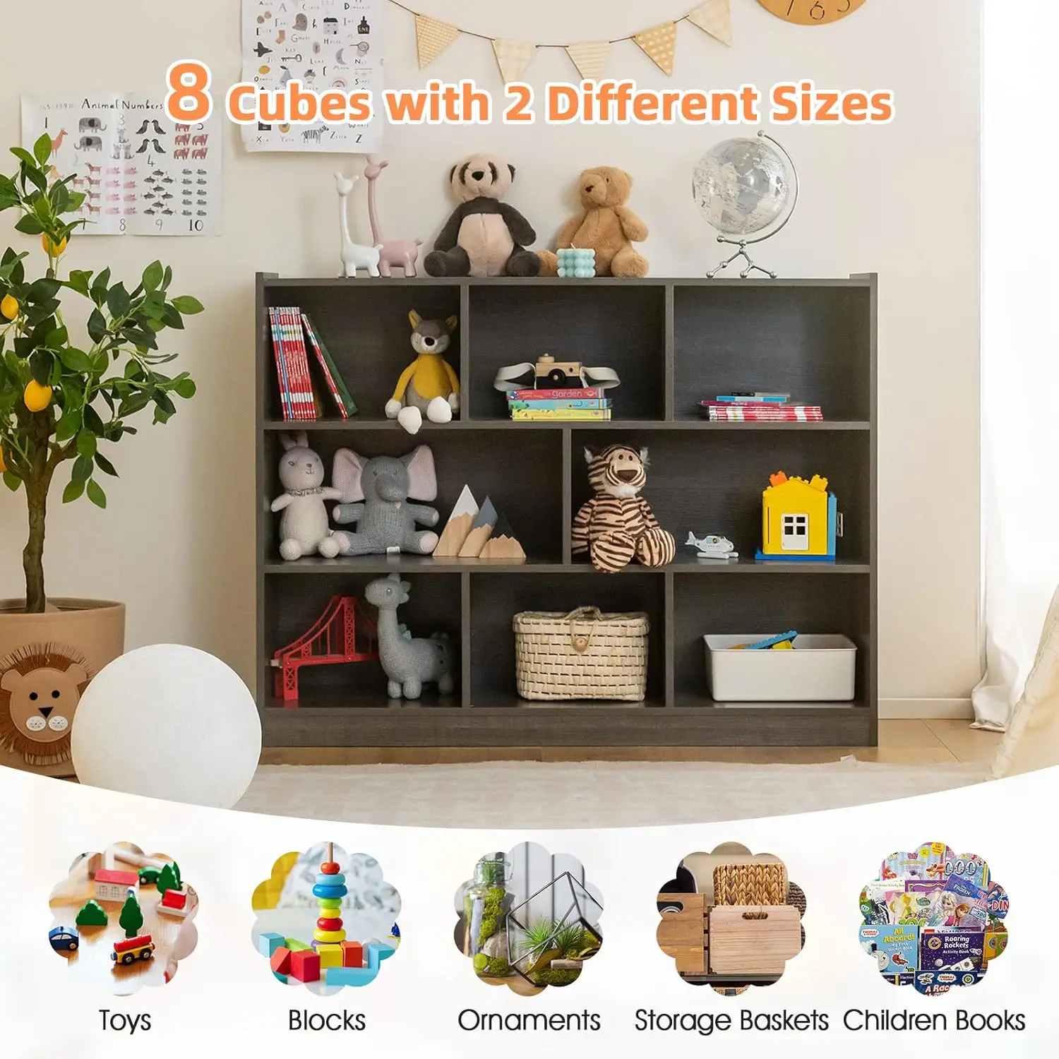 3-Tier Kids Bookshelf, Wooden Toy Organizer, Gray, Small Book Shelf for Bedroom, Playroom, Classroom, Nursery