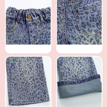 Girls' Leopard Print Jeans 2025 Autumn Spring Little Girl Loose Straight Trousers Children Elastic Waist Casual Denim Pants 5