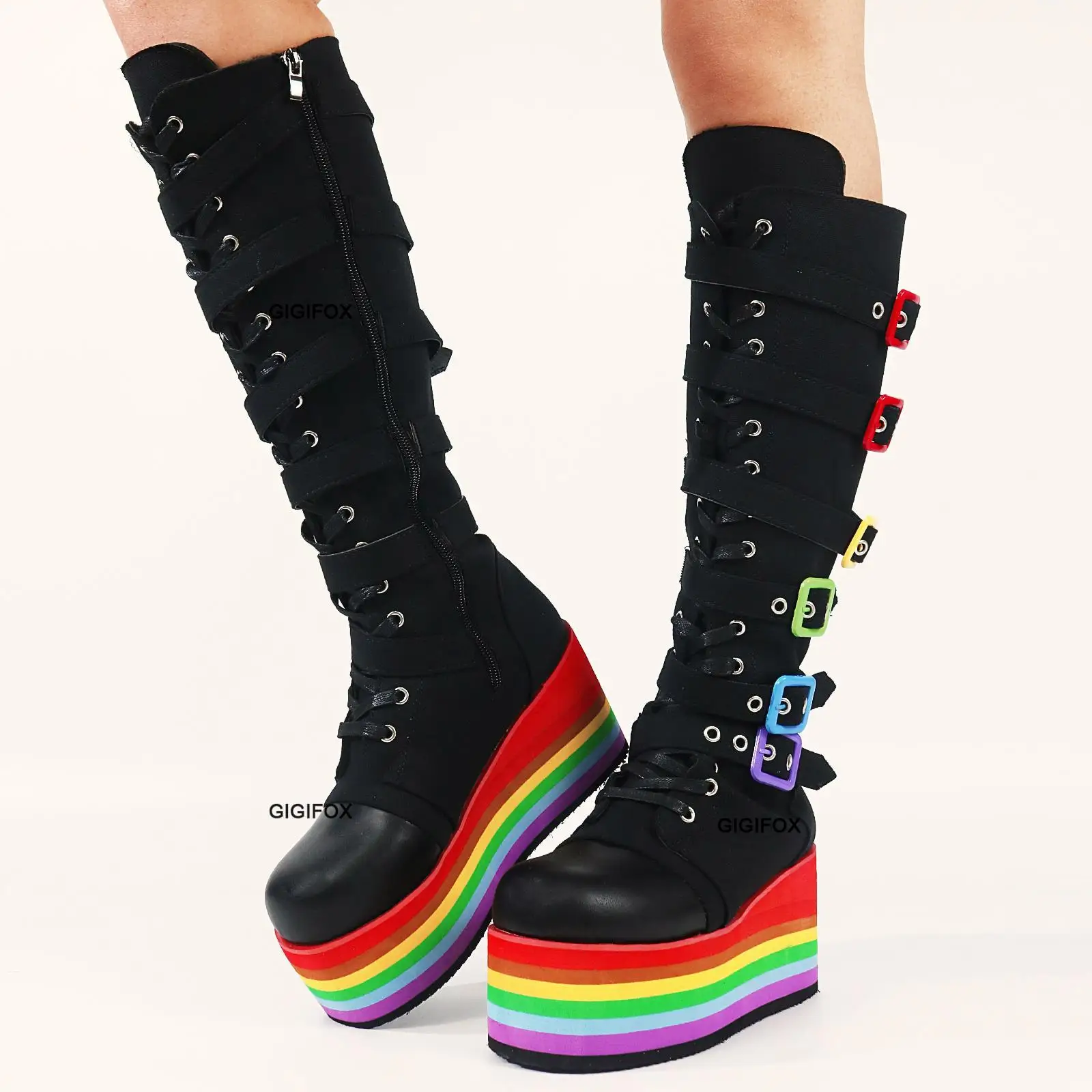 GIGIFOX Brand Big Size 43 Fashion Gothic Rianbow Platform Buckles Zipper Colorful Great Quality Motorcycle Boots Woman Shoes