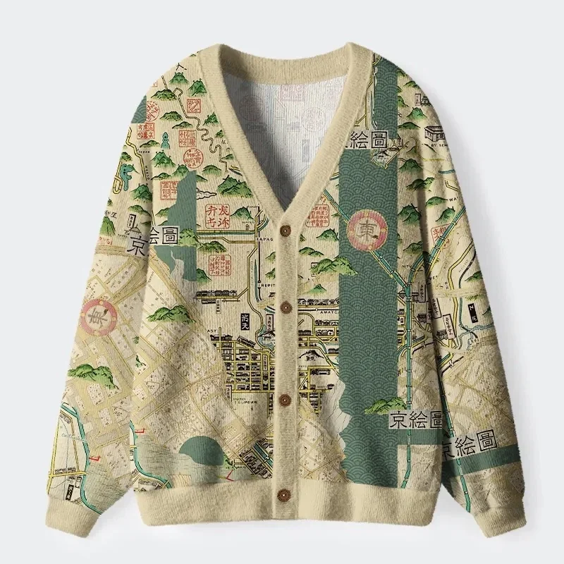 Exploring Kyoto Art Oil Painting Ugly Cardigan Sweater for Women And Men - Comfortable Knitted Fashion Outerwear