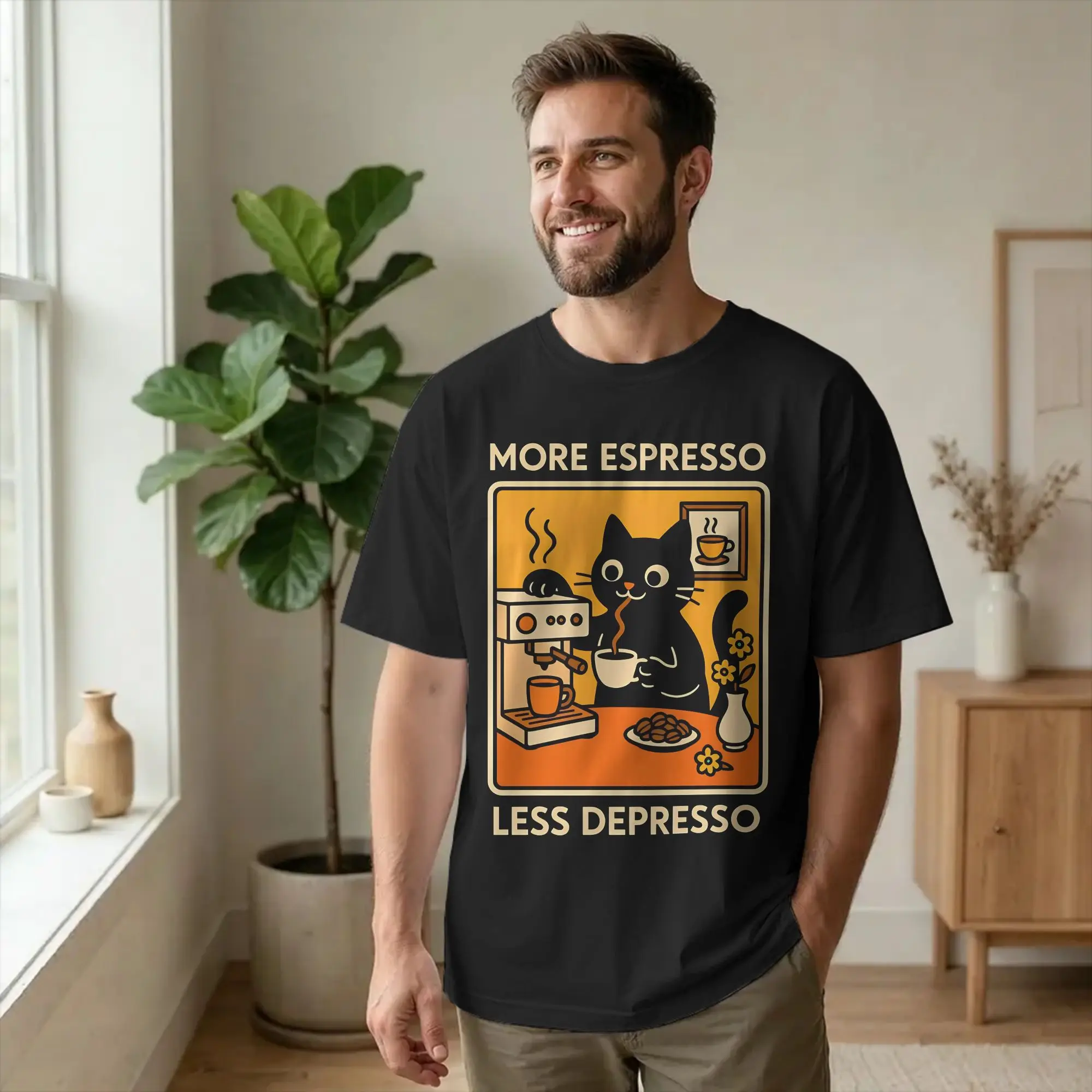 More Espresso Less Depresso Cat T-Shirts for Men Women  Hipster Pure Cotton Tees Round Neck Short Sleeve T Shirts Original Tops