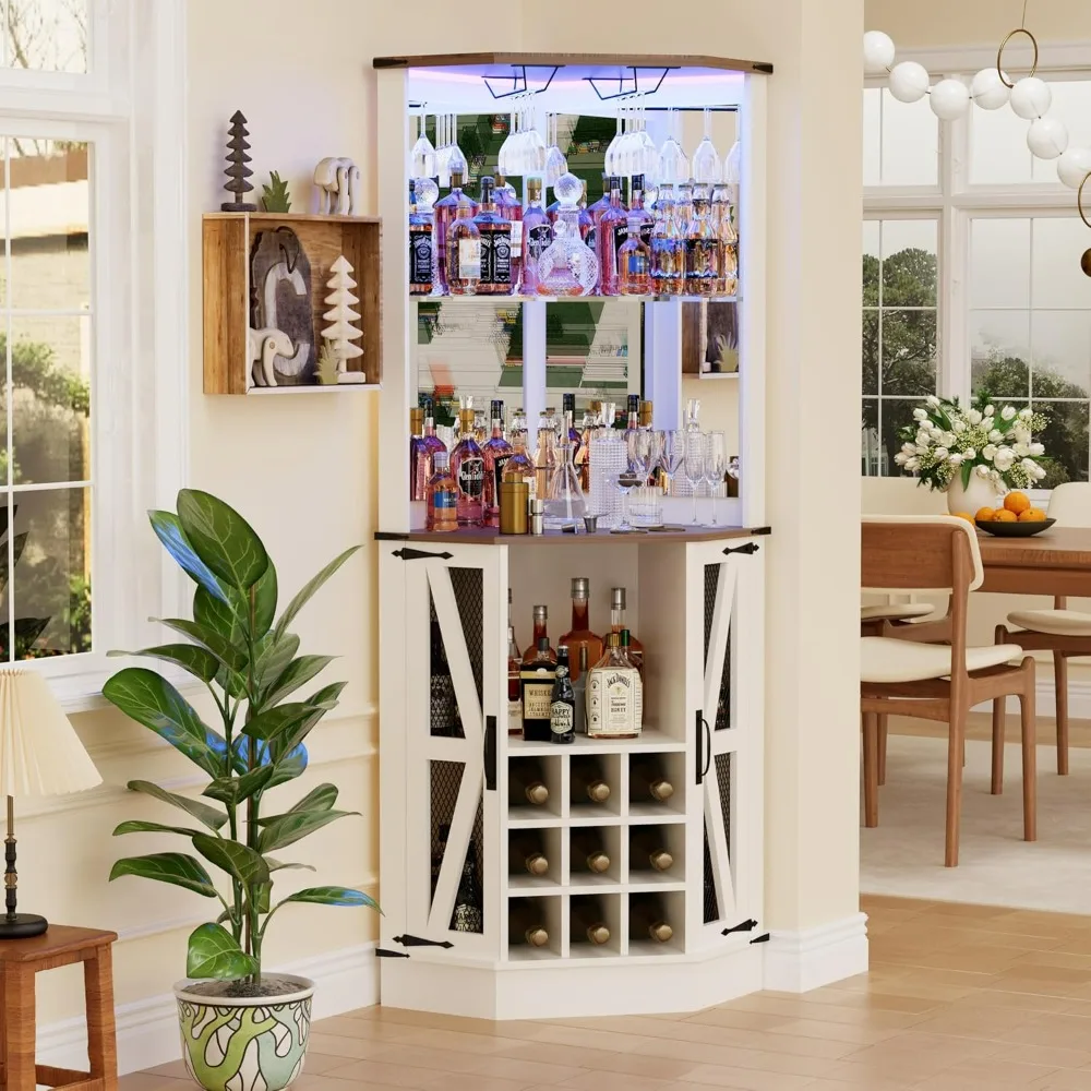 Farmhouse Corner Cabinet,Wood Freestanding Wine Bar with Storage and Wine Holder,Tall Hutch Cabinet for Home,Display Bar Cabinet