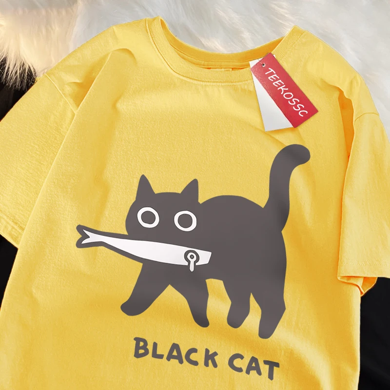 Fun A Black Cat Eating Fish Japanese Style Men Women T-Shirt Fashion Print T Shirt Breathable Oversize T-Shirts Cotton Clothes