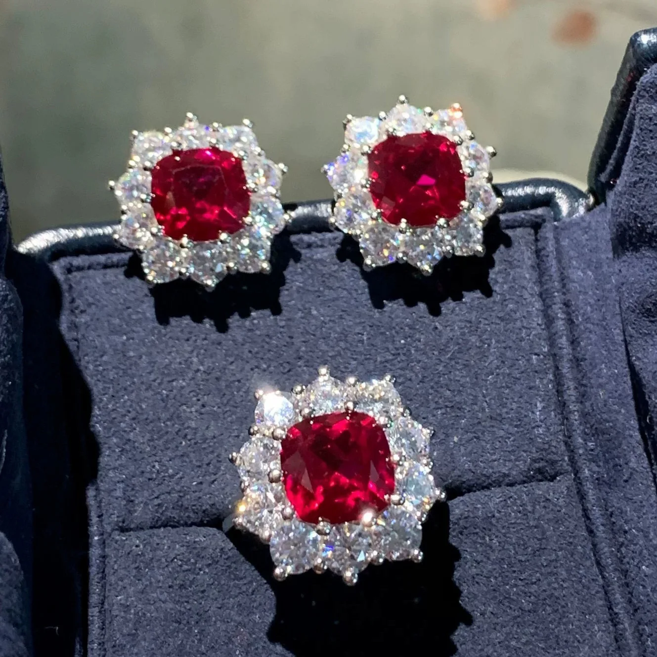 Luxury Lab Ruby Diamond Jewelry set 925 Sterling silver Wedding Earrings Rings For Women Bridal Sets Engagement Jewelry