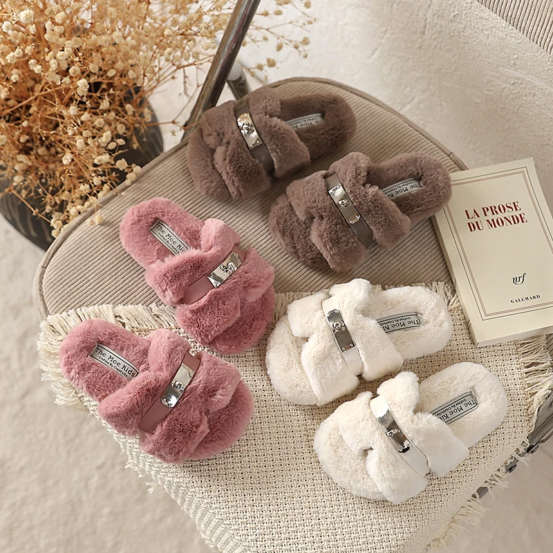 Girls Furry Slide Slippers Children Warm Plush Sandals Open Toe Non-slip Kids Indoor Outdoor Fluffy House Shoes 2026 New